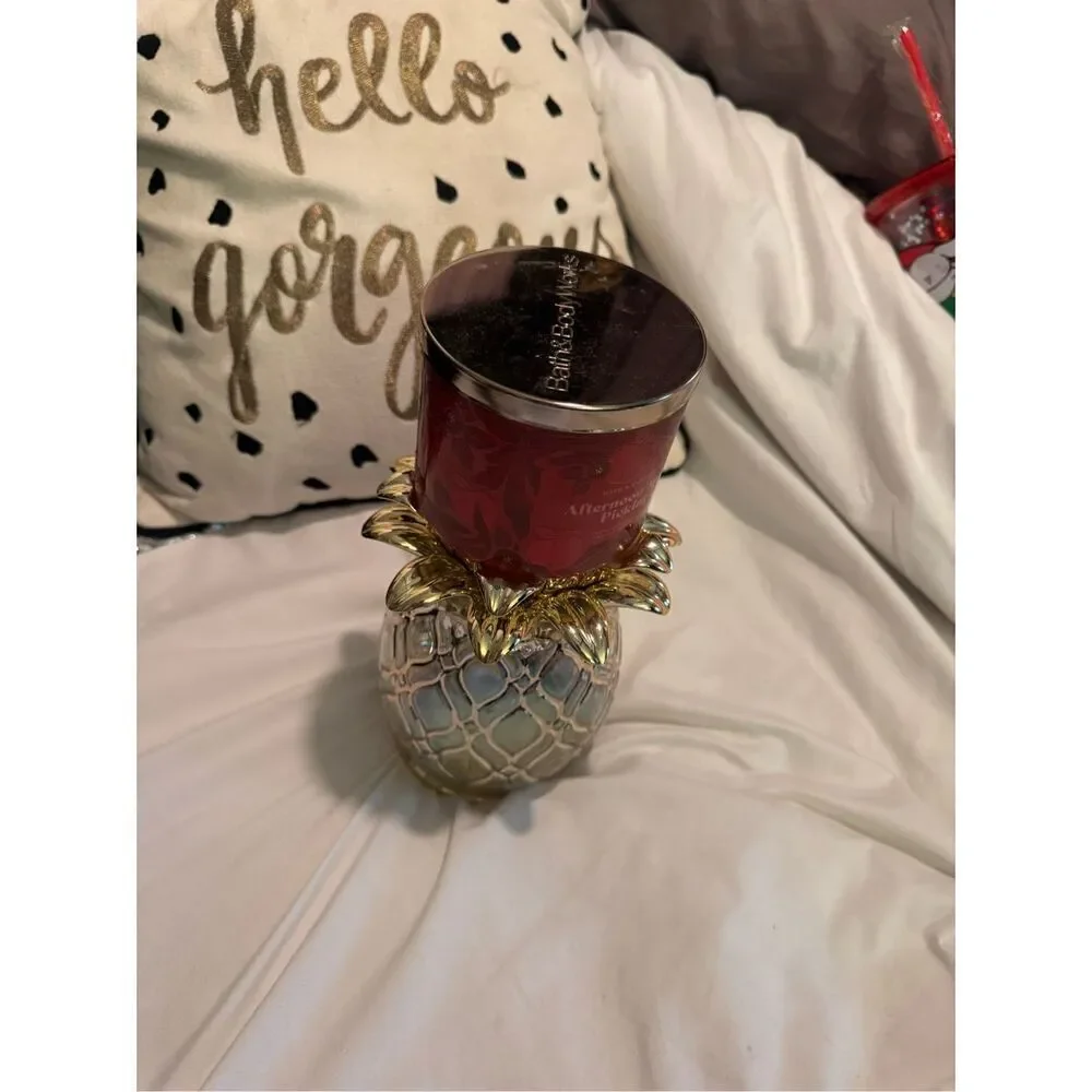 Bath & body works chalice pedastal candle holder pineapple fruit gold glass - Picture 5 of 10